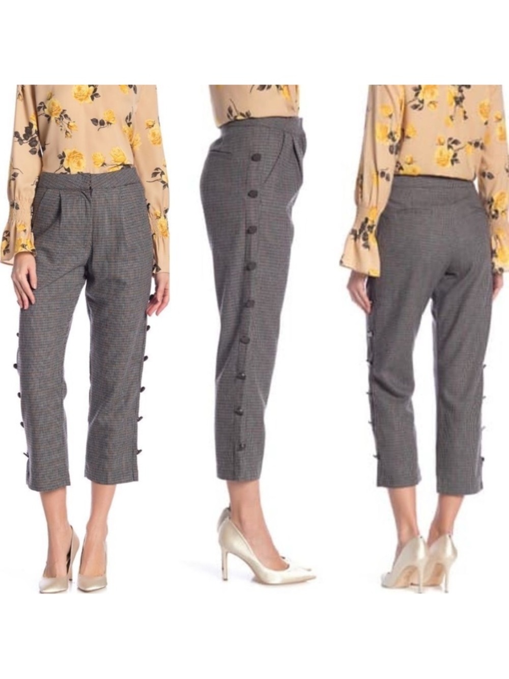 NWT J.O.A. Plaid Button Side Crop Wool Trousers S